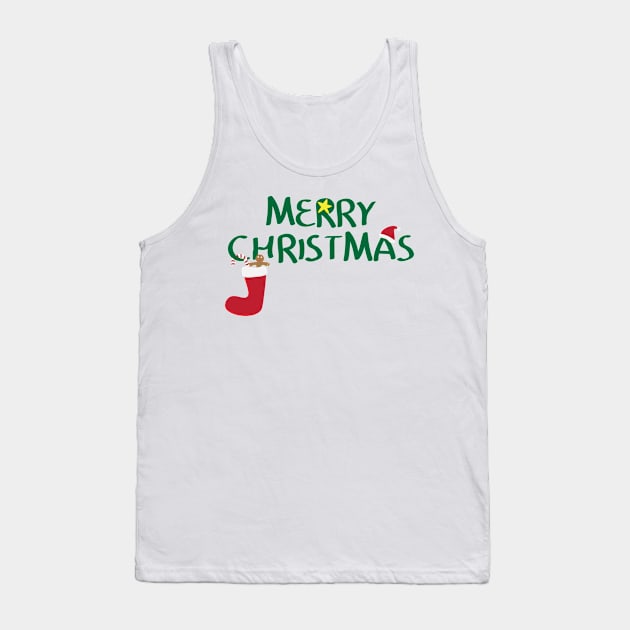 Merry Christmas logo with santa hat, Yellow star, red sock, gingerbread man cookie and Red and white striped candy Tank Top by sigdesign